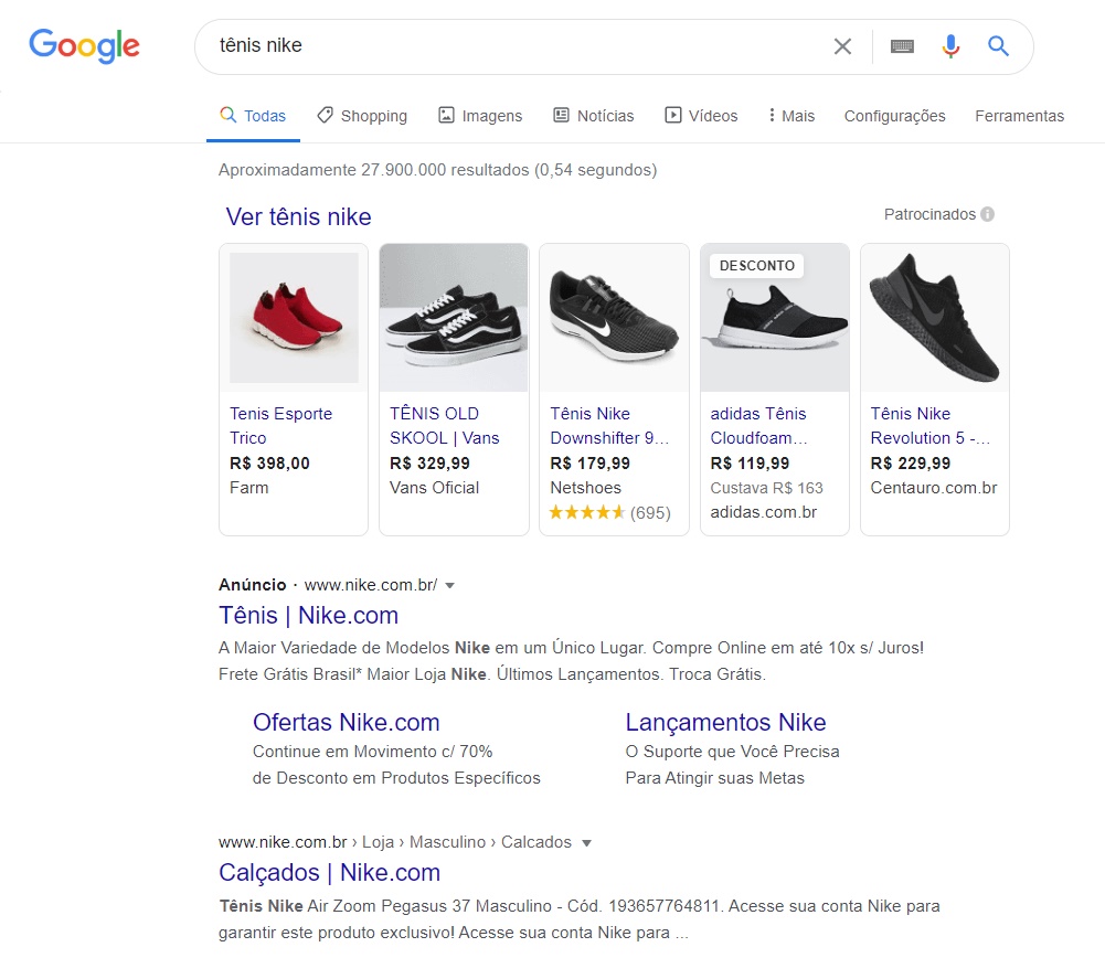 exemplo de "Tenis Nike" pesquisado no google - Google Shopping Ads